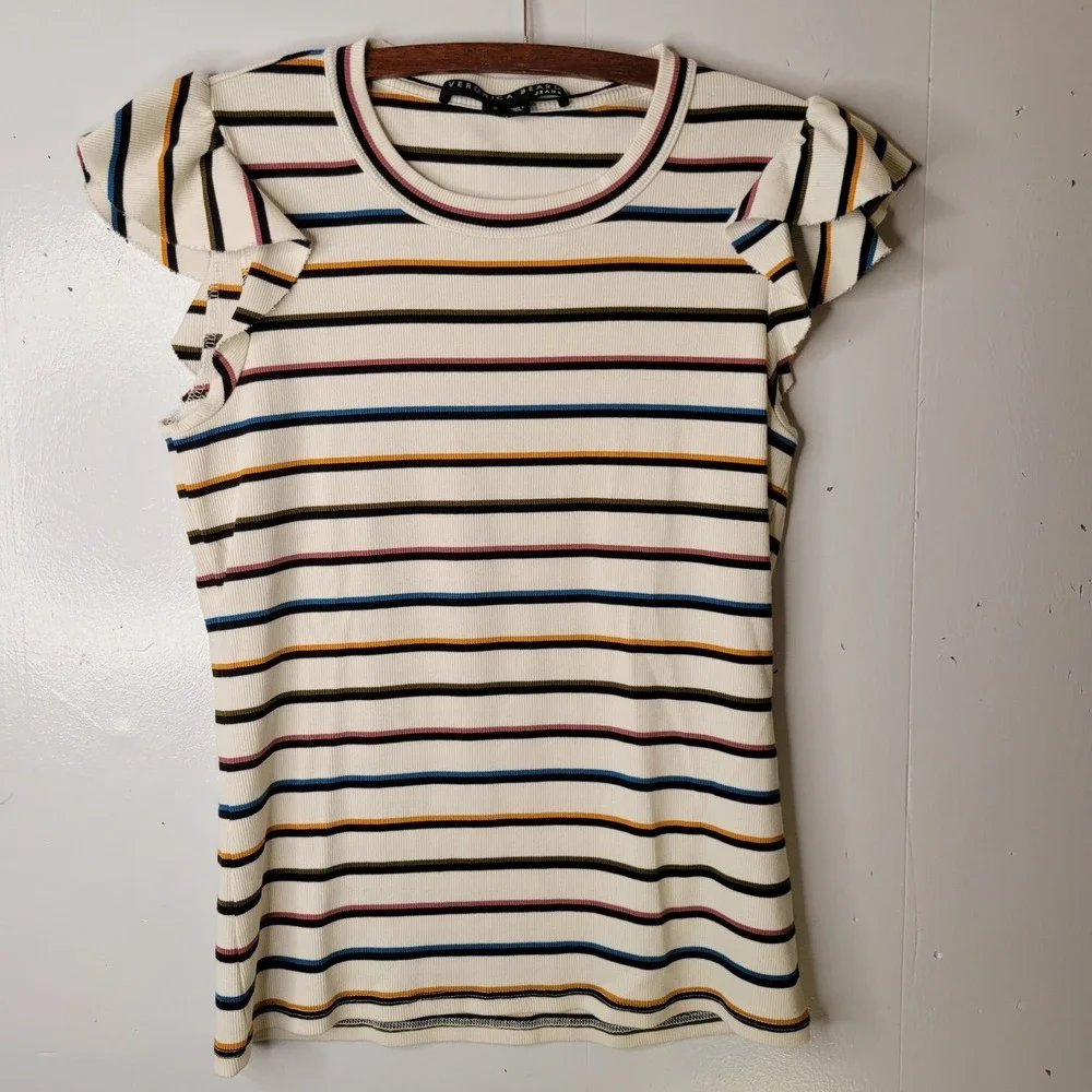Veronica Beard Jean MultiColor Striped Ruffle Sleeve Ribbed Top Preppy Coastal S - Picture 5 of 15
